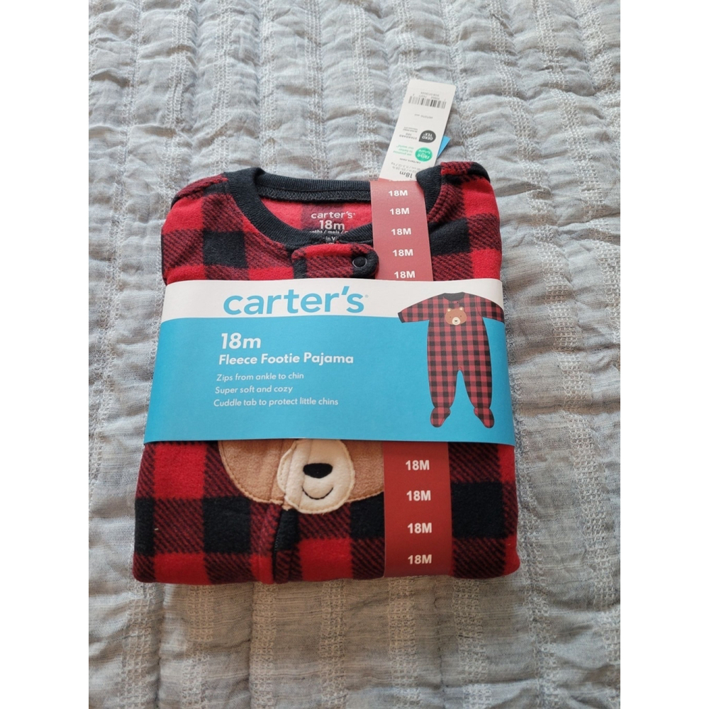 Boys Carter's Pajama 18M Red Black Fleece Footie Bear 🐻 NWT
